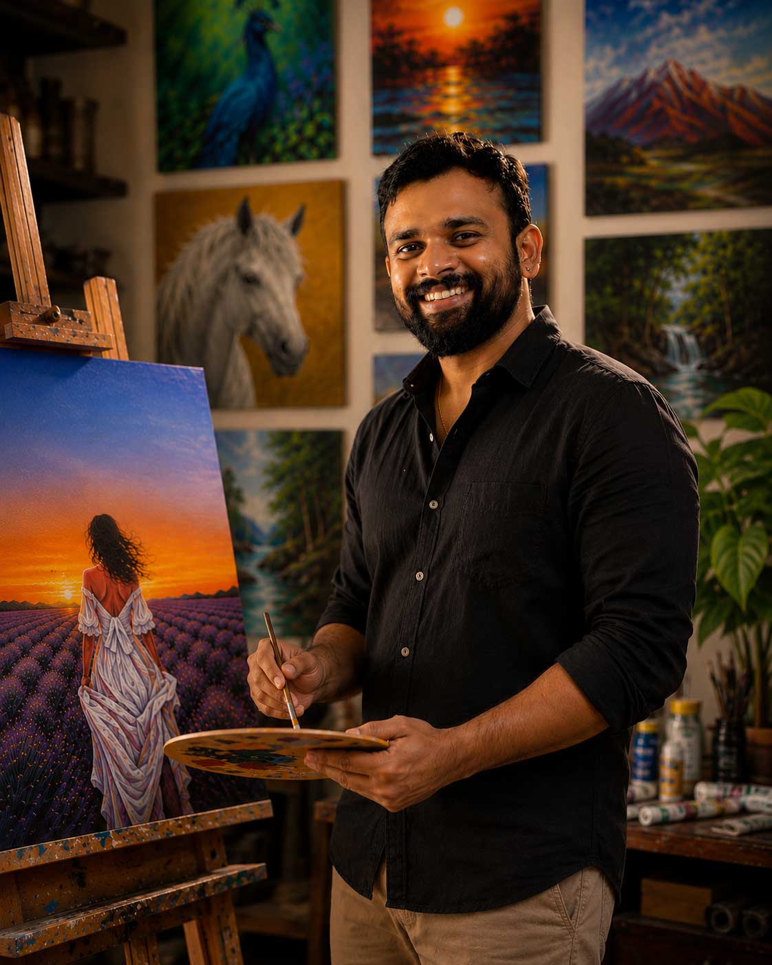 Artist Pratheesh painting in his studio